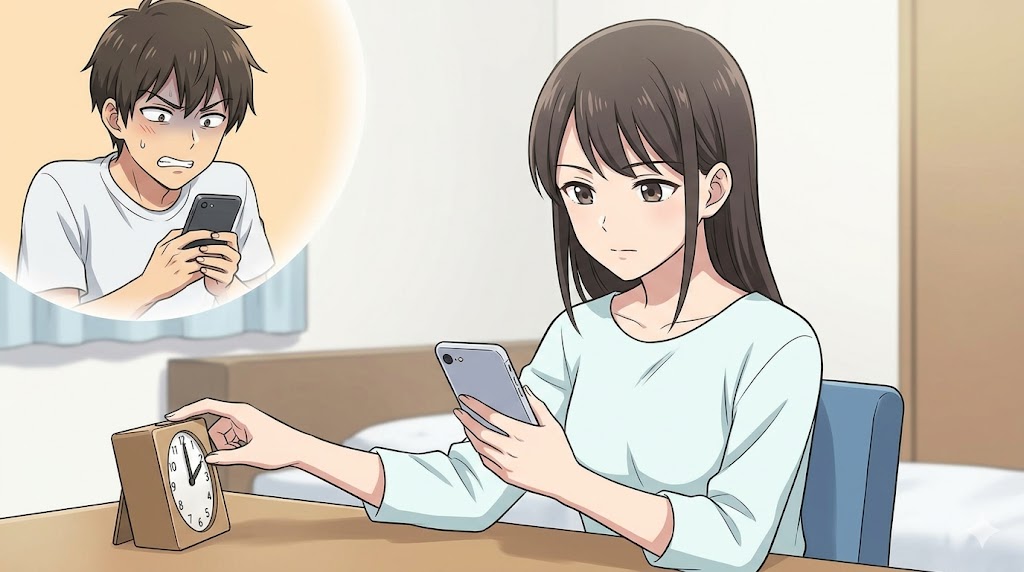 スマートフォンの通知を冷静に確認し、返信のタイミングを意図的に遅らせるためにタイマーをセットする日本人女性。しつこい連絡に対して、淡々と自分のペースを守る「遅延対応」