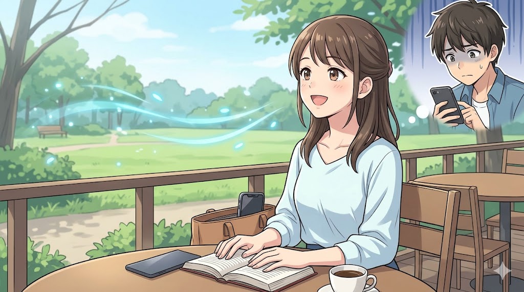 スマートフォンをバッグにしまい、カフェで読書を楽しむ晴れやかな表情の日本人女性。かまってちゃんな彼氏との連絡を絶ち、自分自身を取り戻すメンタルケア(デジタルデトックス)