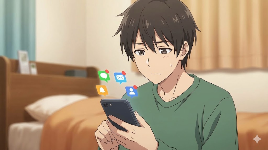 スマートフォンを不安げに見つめる寂しそうな日本人男性