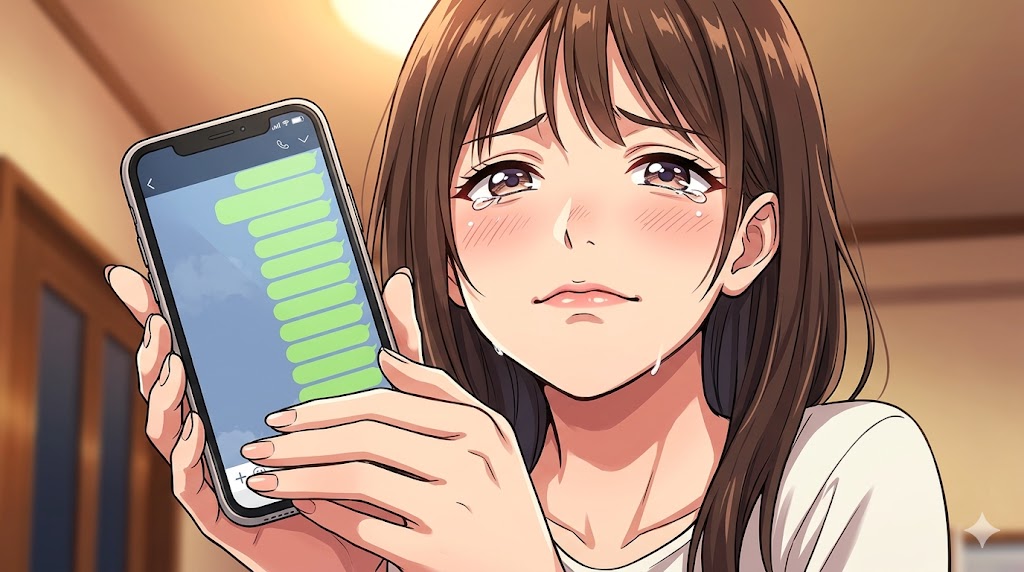 スマートフォンを両手で持ち、上目遣いで涙を浮かべる演技がかった表情の日本人女性のアニメイラスト。LINEで連投し、周囲の注目を集めようとする