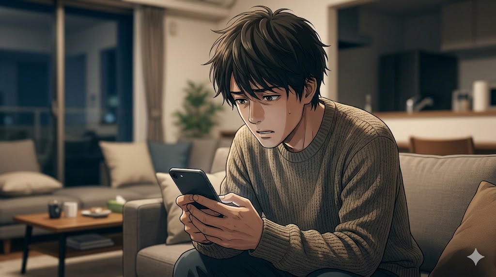 スマートフォンを凝視し、不安と孤独な表情を浮かべる日本人男性（アニメ風）。成育環境に起因する内面的な寂しさを表現