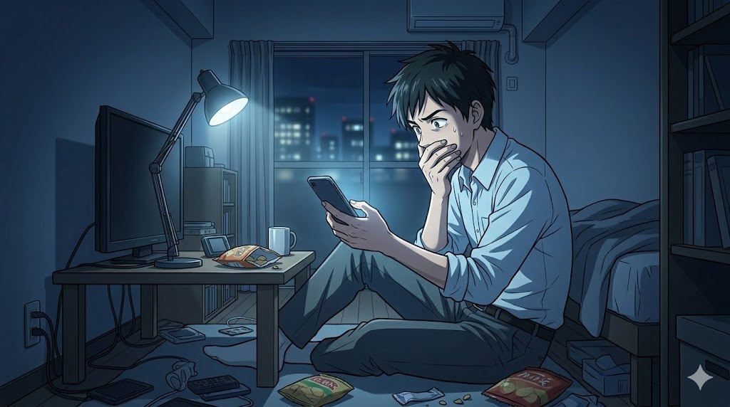 スマートフォンを握りしめ、LINEの返信が来ないか不安げに画面を見つめる、執着心の強い男性