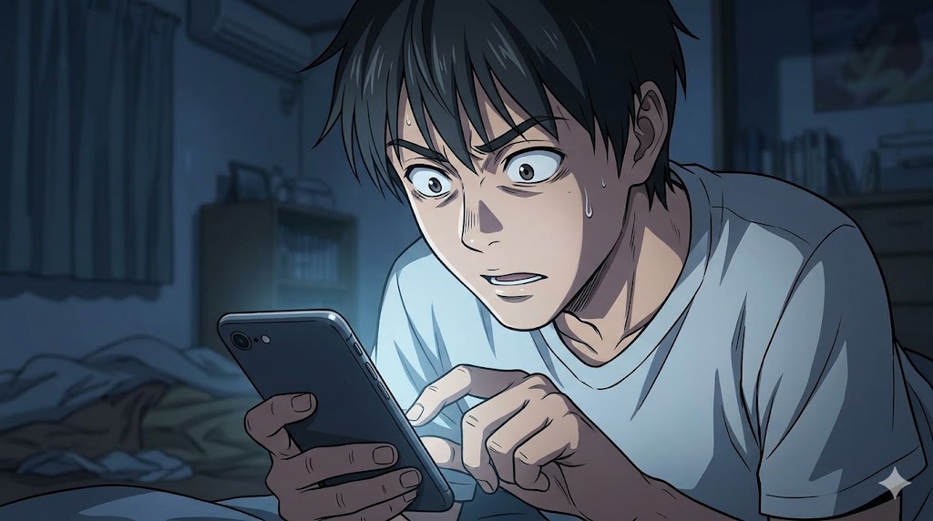 スマートフォンを操作し、SNSの「いいね！」の数を気にして執拗に投稿を繰り返す男性のアニメイラスト。背景は薄暗い