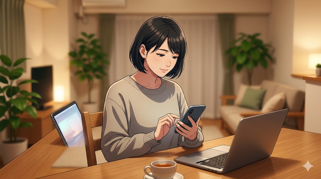 スマートフォンを操作し、リラックスした表情を浮かべる日本人女性（アニメ風）。事前に連絡し、自分の時間を確保できた安心感を表現