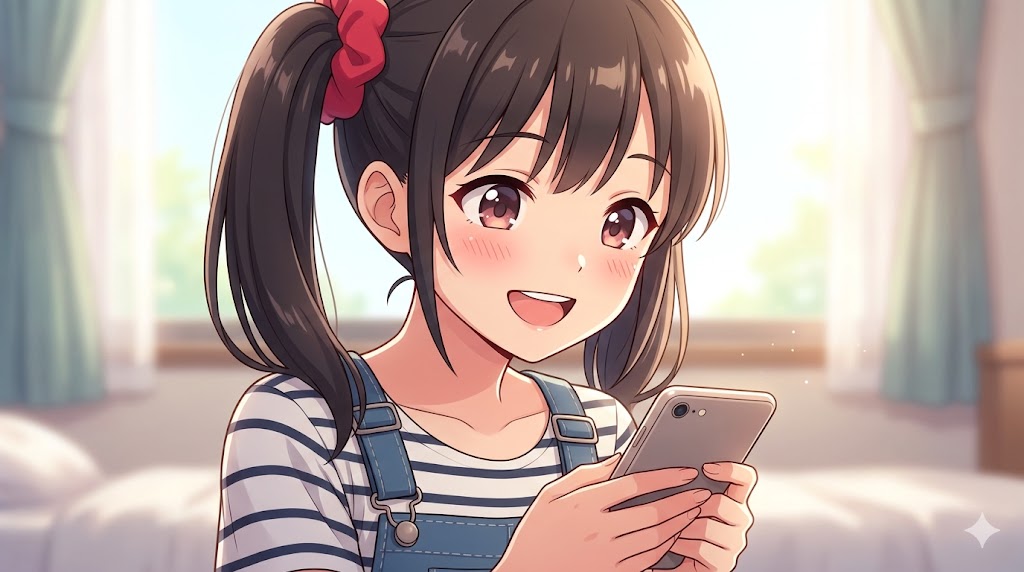 スマートフォンを見て笑顔を浮かべる日本人女性。楽しそうな表情