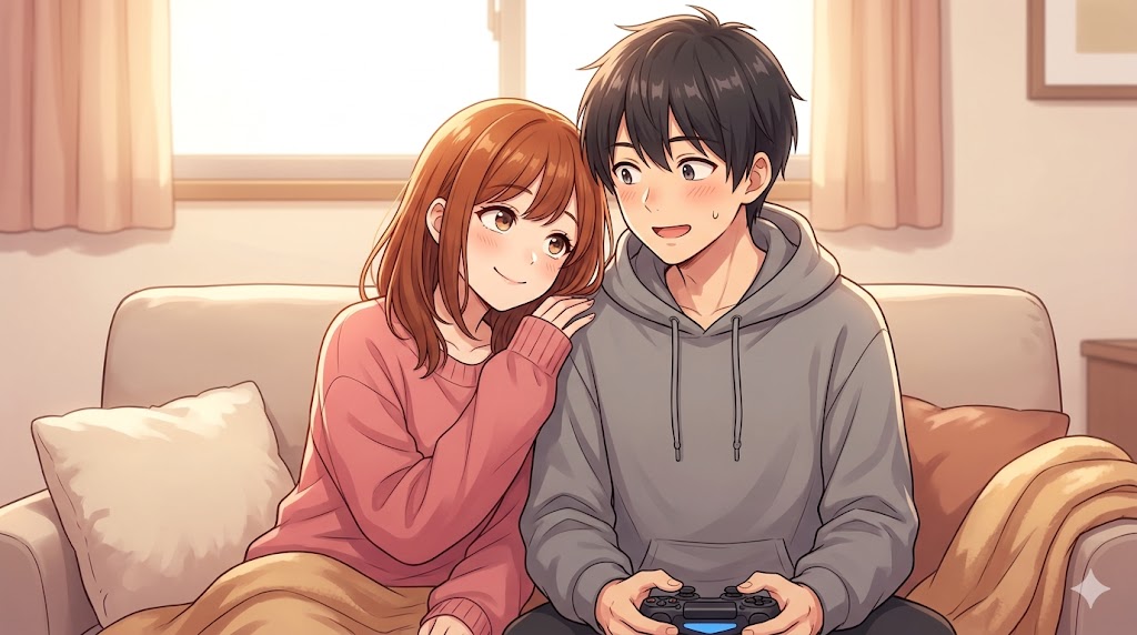 ソファでくつろぐカップル。彼女が彼氏の肩に頭を乗せ、甘えている。