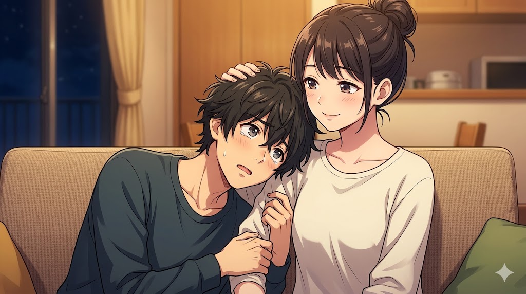 ソファで彼女に甘えるかまちょな彼氏と、それを優しく受け入れる彼女