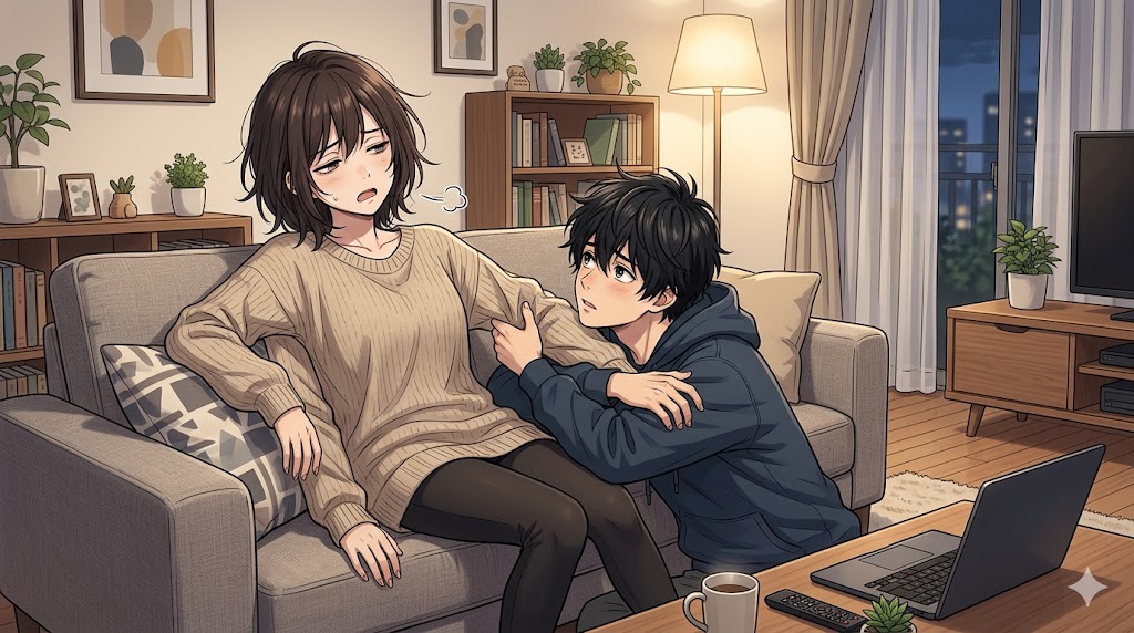 ソファで疲れ切った表情を見せる日本人女性と、その腕にしがみついて構ってほしいとアピールする男性のイラスト。