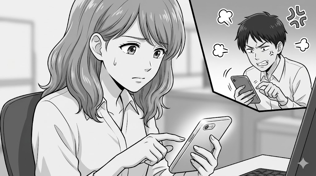 デスクで少し疲れた表情でスマホの画面を見つめている。背後の小さなフレームには、彼氏が怒ってメッセージを連打している様子が描かれ、LINEの返信遅延による摩擦