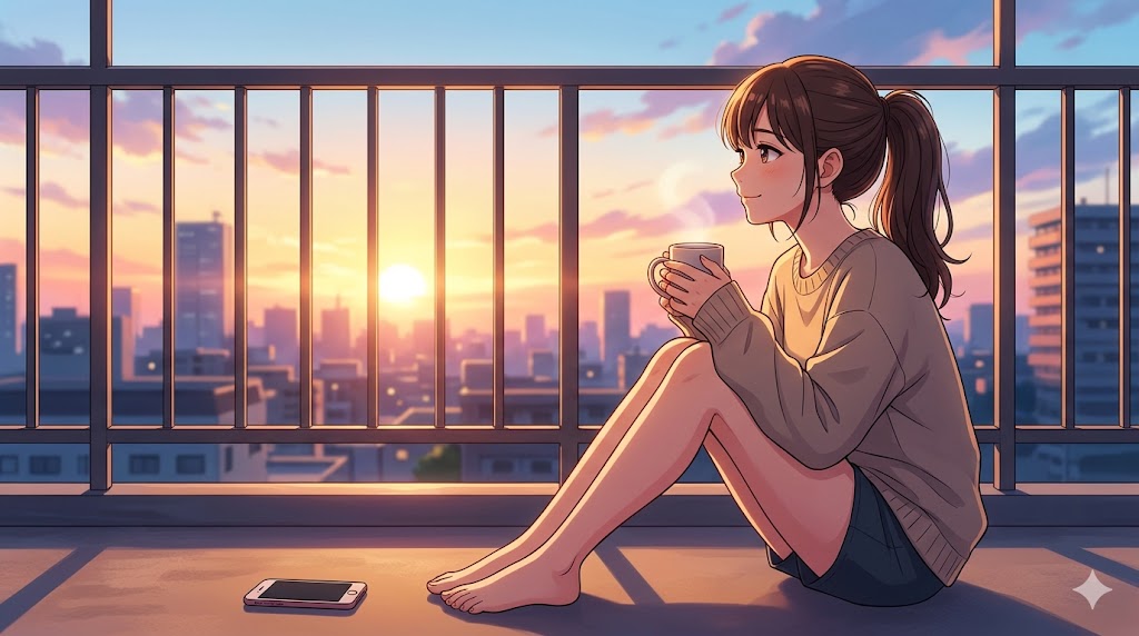 バルコニーで夕日を眺めながら、温かい飲み物を手にリラックスしている日本人女性