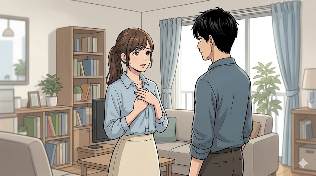 リビングで、穏やかな表情で男性に自分の気持ちを伝えるアニメ風の日本人女性