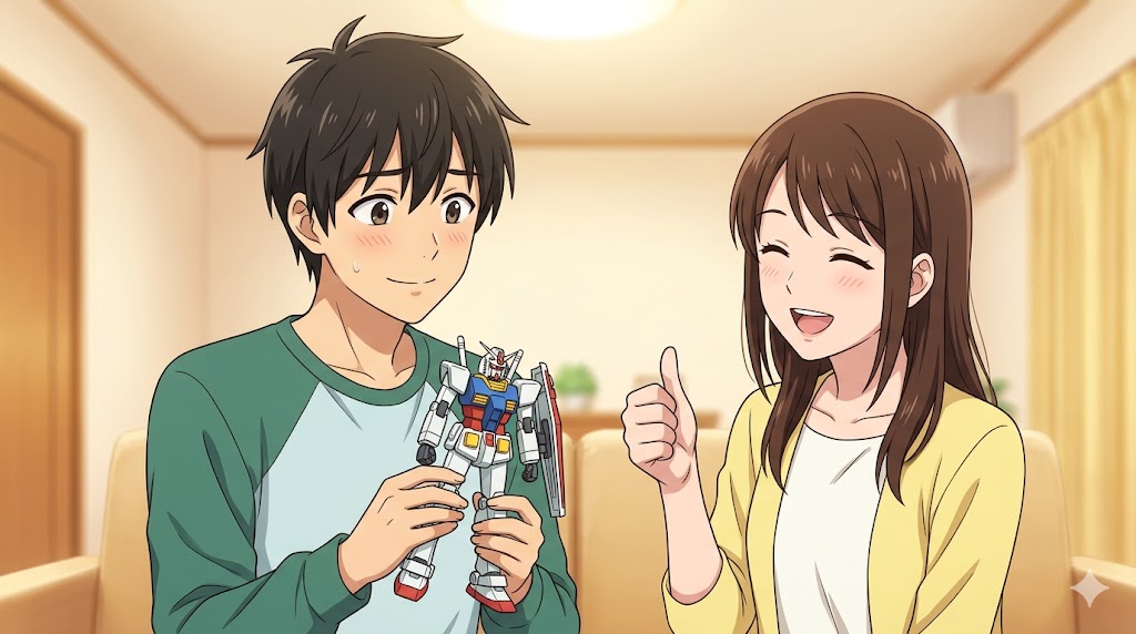 リビングで自分で作ったプラモデルを誇らしく見せ、褒められる日本人男性