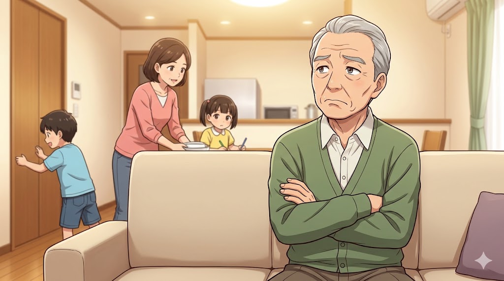 リビングのソファで拗ねるアニメ風の日本人高齢男性と、忙しそうにする家族の様子