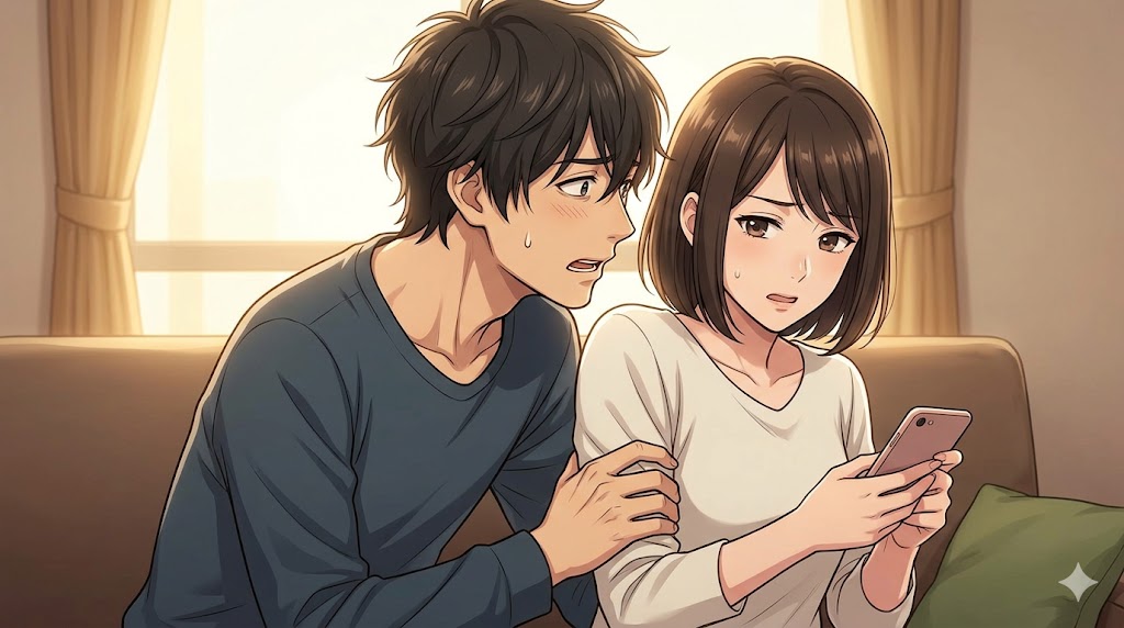 不安げな彼氏が彼女の腕を掴み、彼女は戸惑いながらスマホを見ている