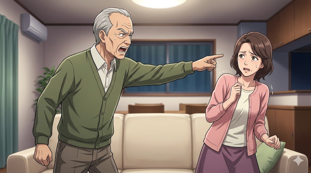 人格変化が見られるアニメ風の日本人高齢男性と、戸惑う娘の緊迫したシーン