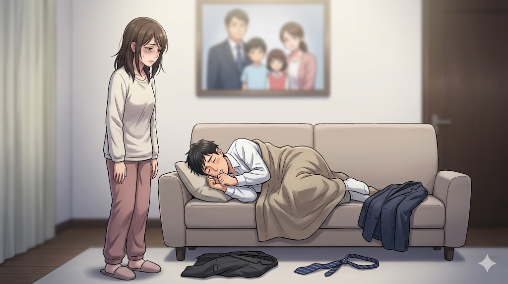 仕事から帰り、リビングでソファに横たわり、指をしゃぶるなど赤ちゃん返りをするアニメ風の日本人夫。それを見て呆れ果てた表情の妻