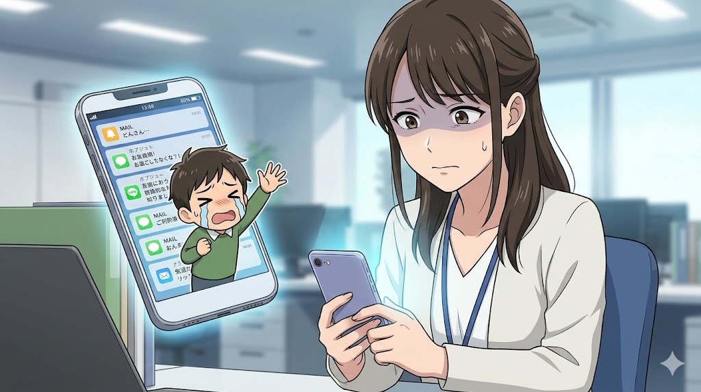 仕事中に彼氏からの大量のライン通知に困惑し、ストレスを感じる女性