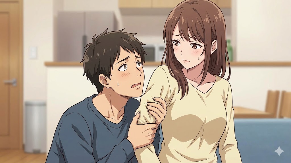 低い自己肯定感から、パートナーの女性にしがみついて寂しさを訴える男性のアニメイラスト。男性は不安げな表情をしている