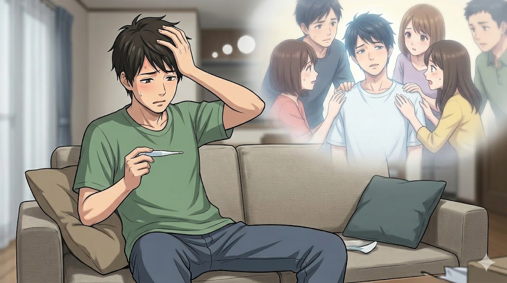 体温計を持ちながら大げさに頭を抱え、自身の辛さをアピールしようとする、承認欲求が歪んだ形で表れている男性