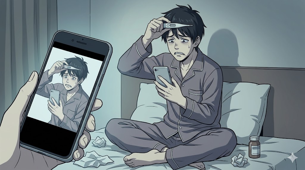 体温計を掲げて大げさに体調不良をアピールする日本人男性のアニメイラスト。かまちょ男の典型的な行動