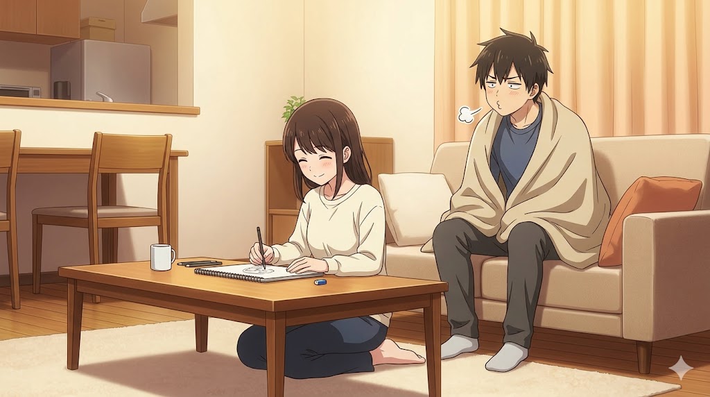 体調不良をアピールしてソファでふてくされる彼氏をよそに、自分の時間を大切にして趣味の絵を描き、笑顔を見せる女性