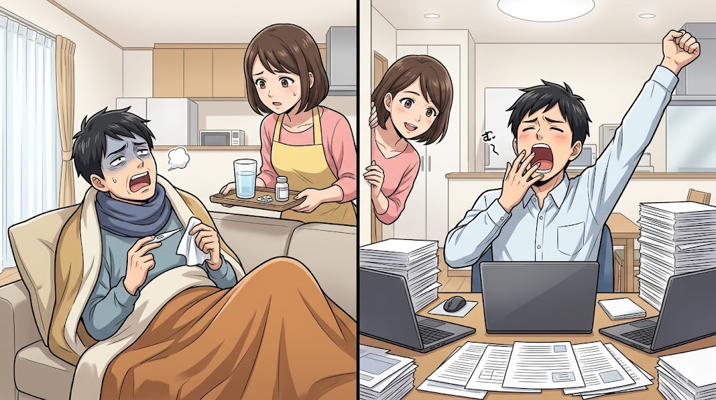 体調不良をアピールして看病を求める姿（疾病利得）と、多忙を誇示して承認を求める姿