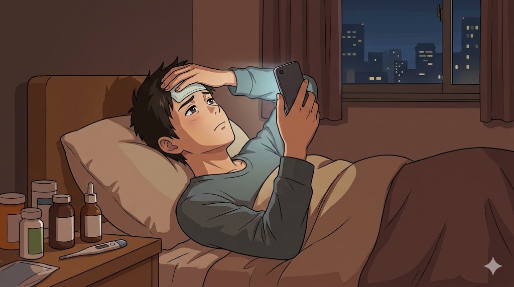 体調不良をアピールする男性。布団にくるまり、寂しげにスマートフォンを見つめる