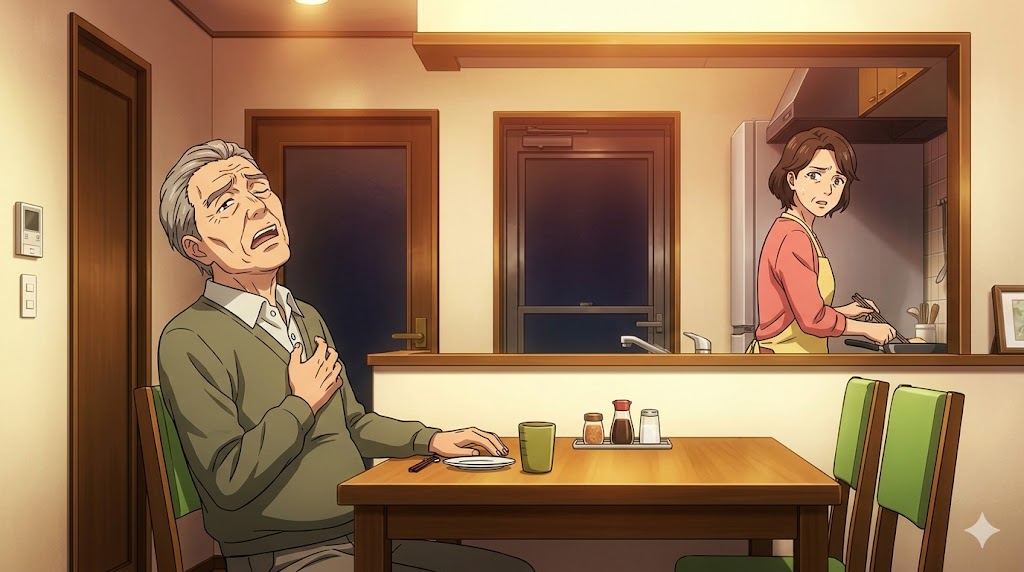 体調不良を大げさにアピールするアニメ風の日本人高齢男性と、心配そうに見る娘