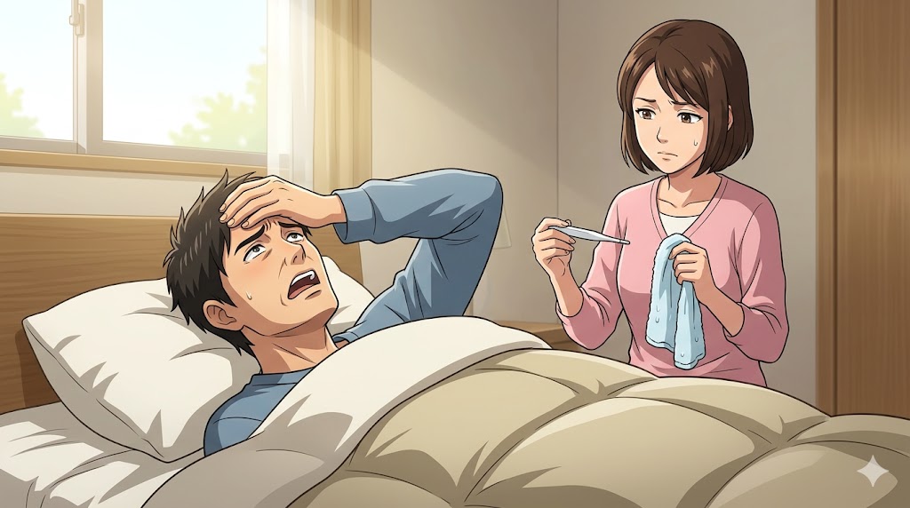 体調不良を大げさにアピールする旦那と、それを冷ややかな目で見守る妻を描いたアニメ風イラスト。寝室で大げさに寝込む旦那が妻の気を引こうとしている