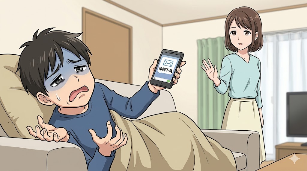 体調不良を大げさに訴える日本人男性と、それに対して冷静に「病院へ行ってね」とアドバイスし、過剰な看病を避けて境界線を引く日本人女性。同情はするが行動はしない対応