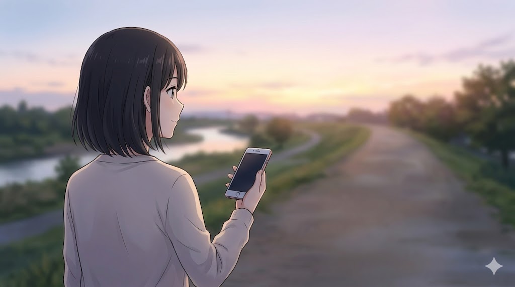 依存関係を断ち切り、自分自身の人生を歩む決意をして夕日を見つめる日本人女性