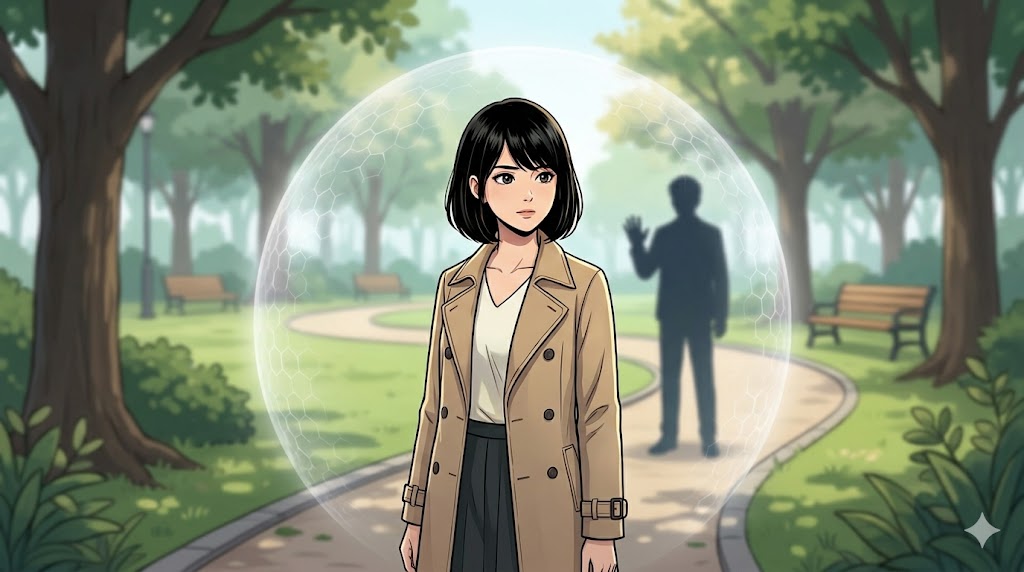 公園で、男性との間に凛とした境界線を引くアニメ風の日本人女性