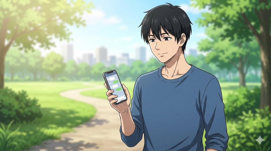 公園でスマートフォンを手に、穏やかで自信に満ちた表情の男性。かまってちゃんのLINE対処法を身につけ、自分らしい時間を楽しむ
