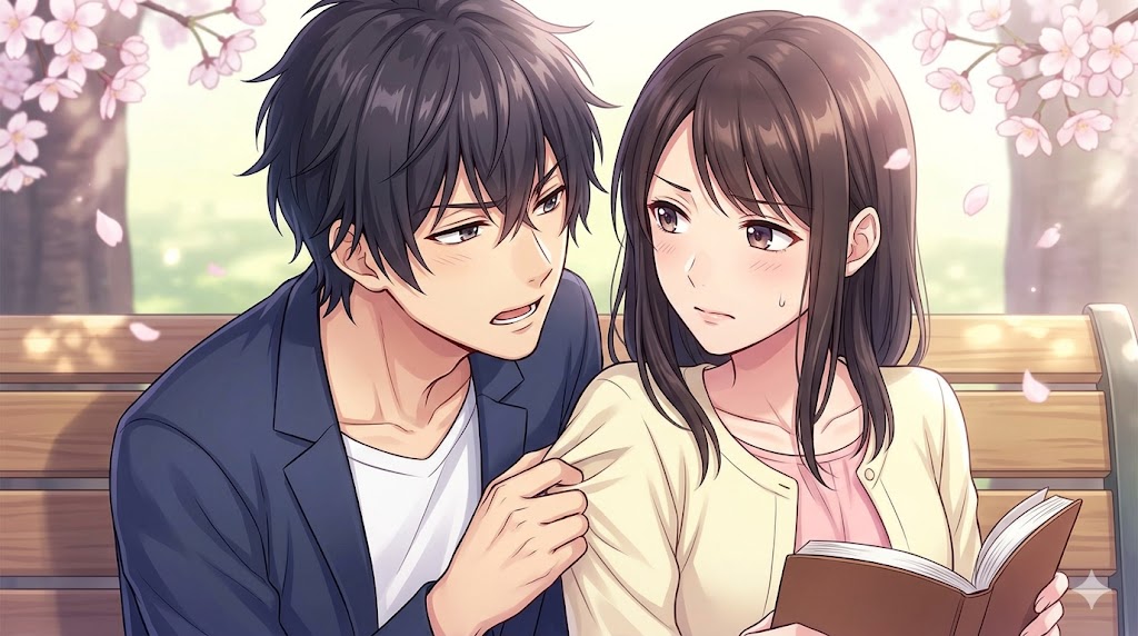 公園で必死に彼女の気を引こうとする日本人男性と、困惑する女性のアニメイラスト。試し行動の心理を表現