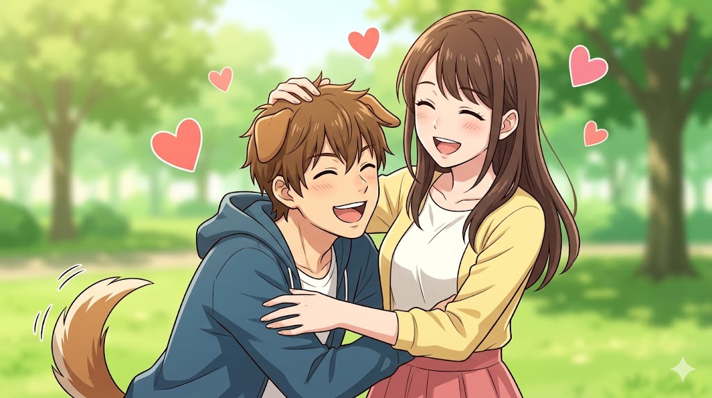 公園で笑顔で甘える犬系男子と、彼を受け入れて頭を撫でる日本人女性