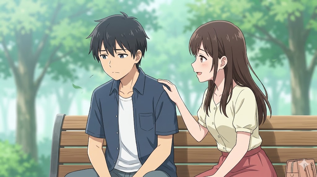 公園で落ち込むふりをする「試し行動」のかまってちゃん男性を、女性が優しく励まし、彼が安心感を得ている様子