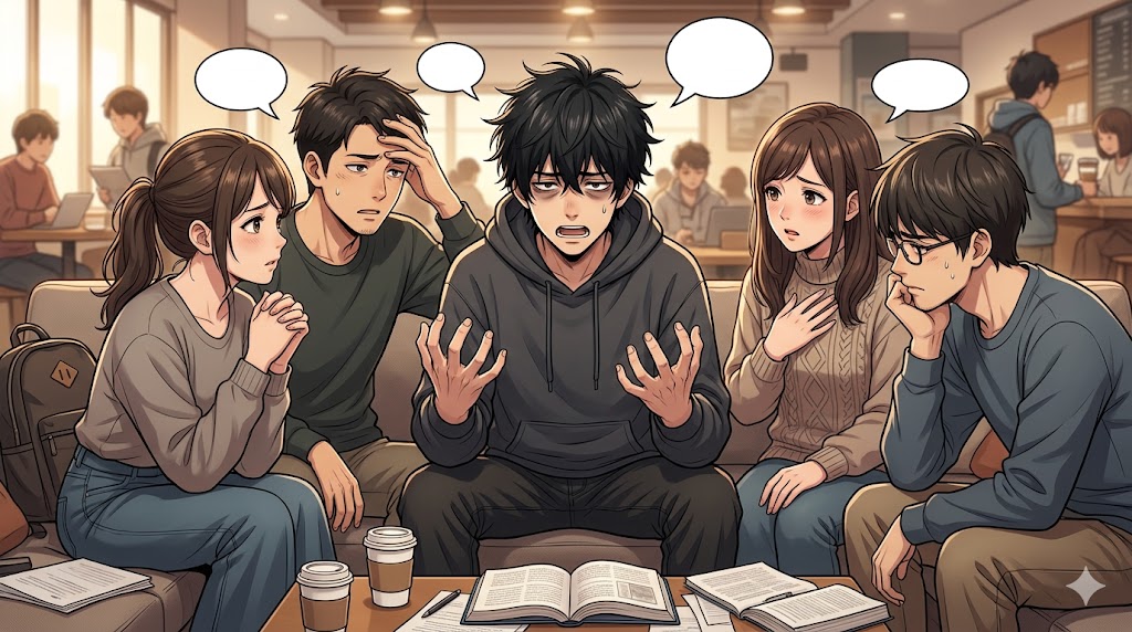 友達たちを前に、自分の不幸話を感情的に語り、同情を引こうとするアニメ風の日本人男性