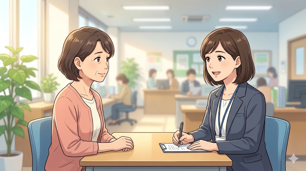 地域包括支援センターで相談するアニメ風の日本人女性と、優しく聞く職員