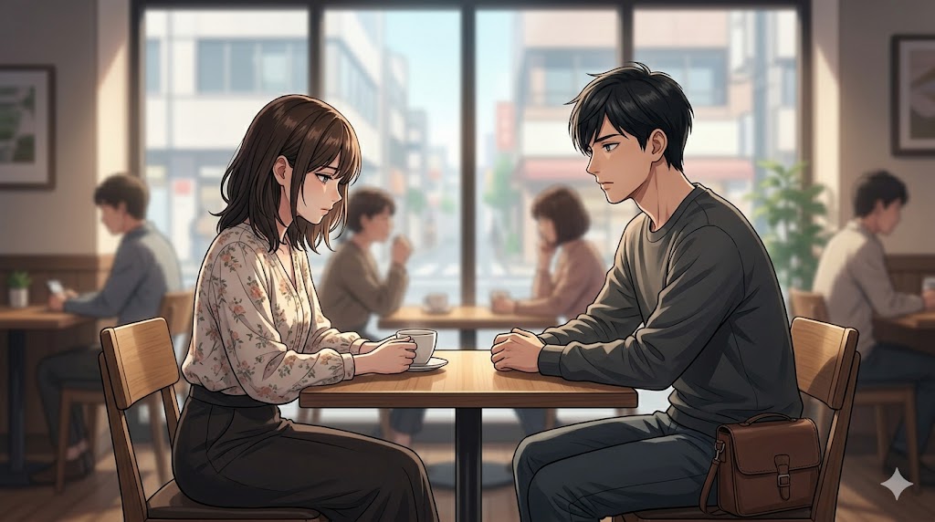 夕方のカフェで、互いに距離を置いて座る日本人カップル。男性は穏やかだが決意を秘めた表情で、女性はうつむいている。別れを決意し距離を置くプロセスを表現