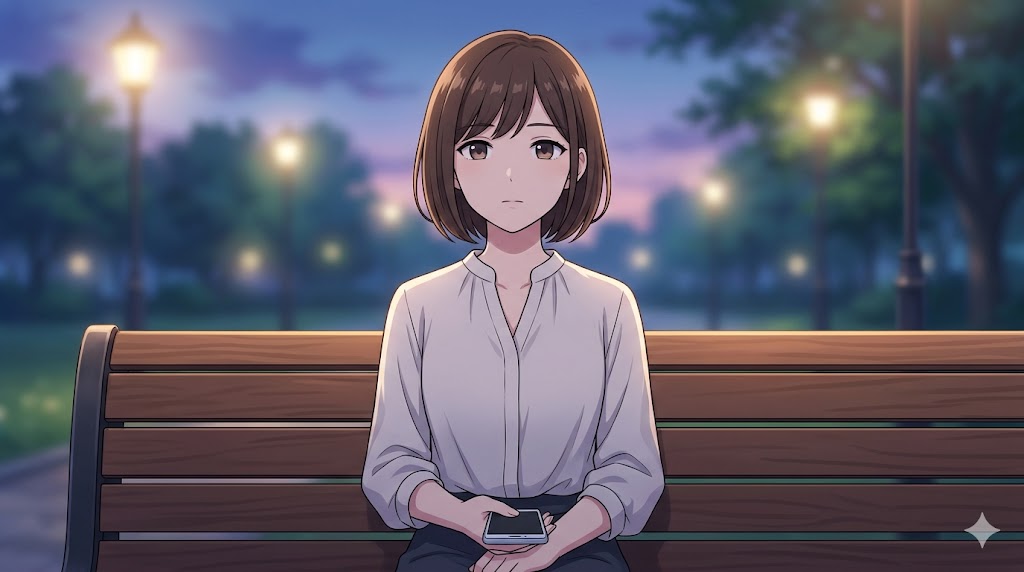 夕暮れのベンチに座り、スマホを伏せて遠くを見つめる日本人の女性。以前の活気はなく、静かで落ち着いた、どこか冷淡な雰囲気。彼女の心理的な変化と静かな時間を表現
