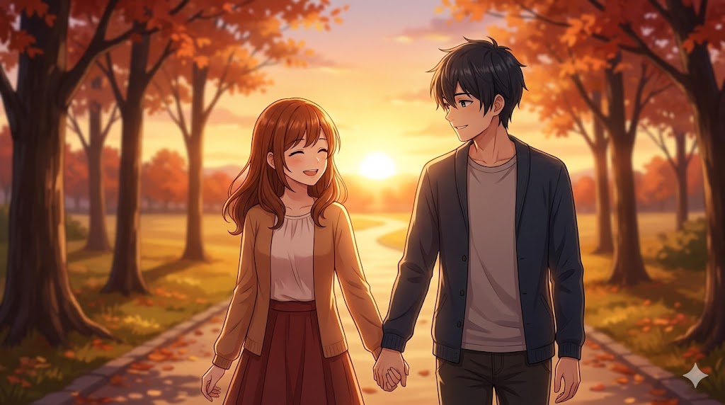 夕暮れの公園を仲良く歩く日本人カップル。笑顔で見つめ合い、手を繋いでいる