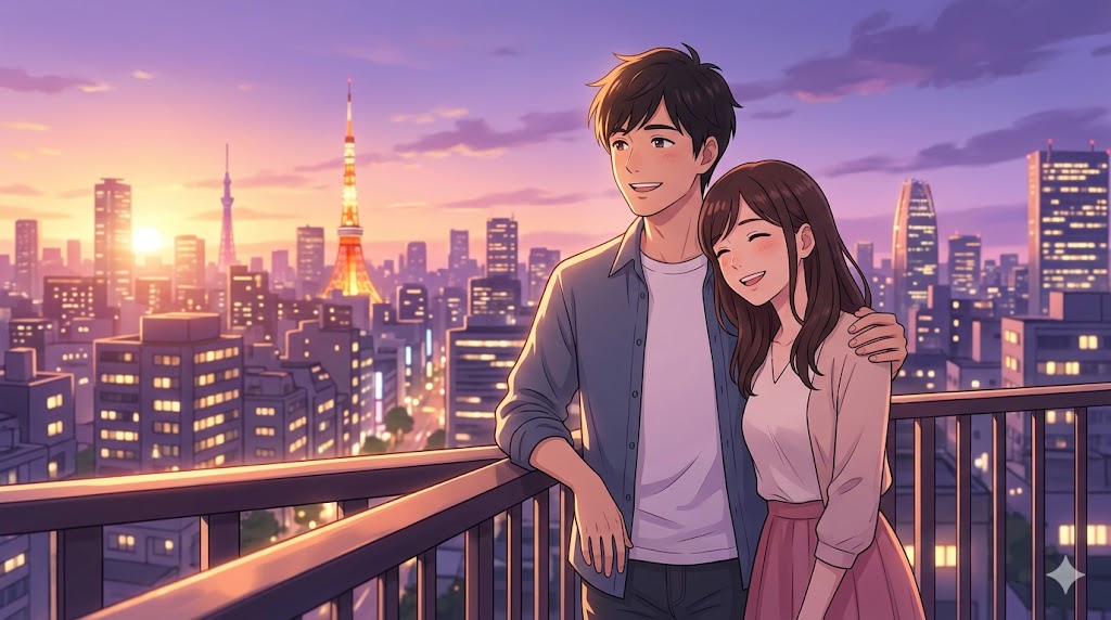 夕暮れの東京の街並みを背景に、バルコニーで寄り添い、笑顔で見つめ合う幸せな日本人カップルのアニメイラスト。二人の明るい未来を象徴