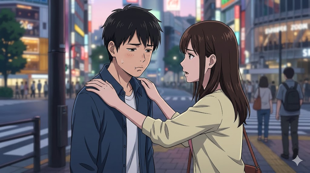 夕暮れの街角で、嫉妬により不機嫌になるかまってちゃん男性に対し、女性が毅然と、かつ優しく愛情を伝えて彼の不安を鎮める様子