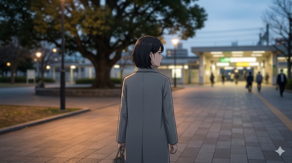 夕暮れの駅へ向かう日本人女性の後ろ姿（アニメ風）。自立と新しい人生への一歩を表現
