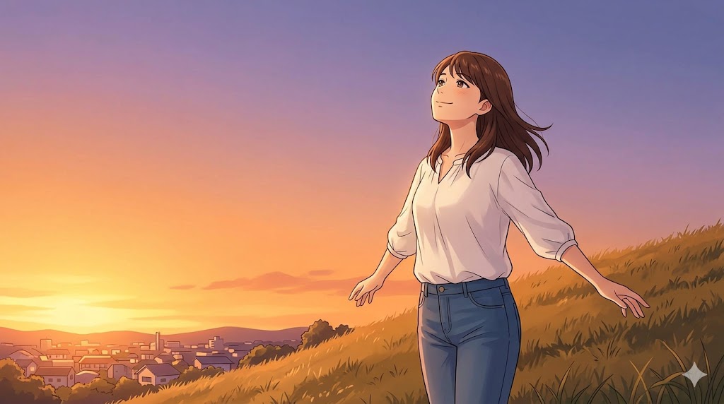 夕暮れ時、丘の上で深呼吸をして微笑む日本人女性のアニメイラスト。自分を取り戻し、前向きな未来を表現