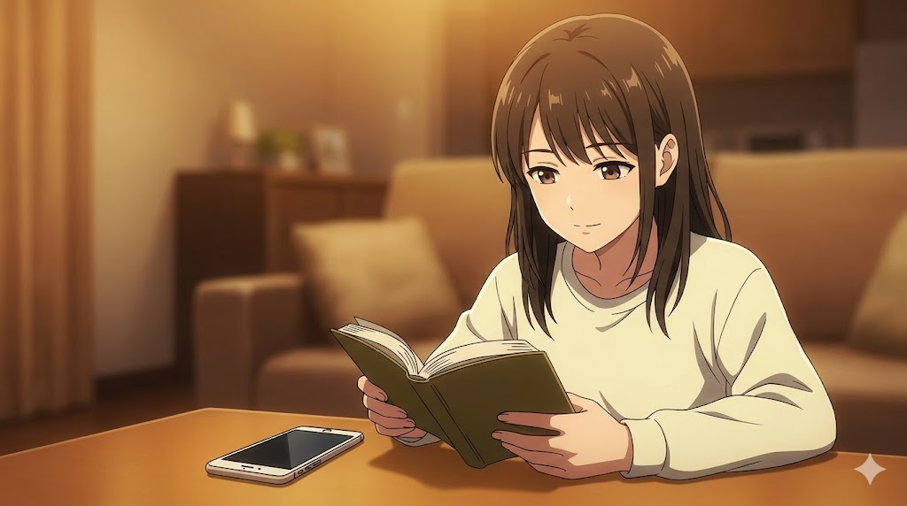 夜、リビングでスマートフォンを置き、リラックスして読書を楽しむ日本人女性