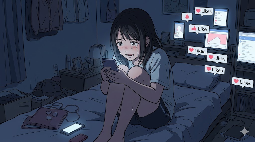 夜、自室でスマートフォンを見つめながら涙を流す日本人女性のアニメイラスト。画面には多数のSNS通知が表示され、彼女の孤独と承認欲求の肥大化を表現