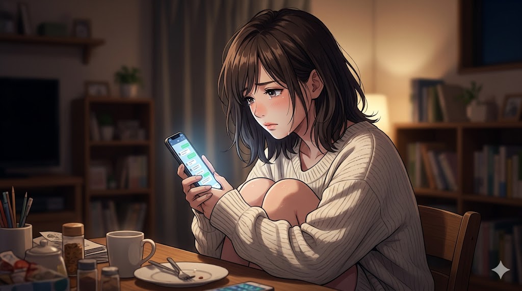 夜のアパートで一人、スマートフォンを寂しげに見つめる「かまってちゃん」な日本人女性。孤独への恐怖を表現している
