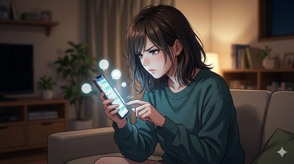 夜のリビングで、スマートフォンに frantic（取り乱した）な様子でメッセージを入力し続ける日本人女性。依存のサインである過剰な連絡を表現