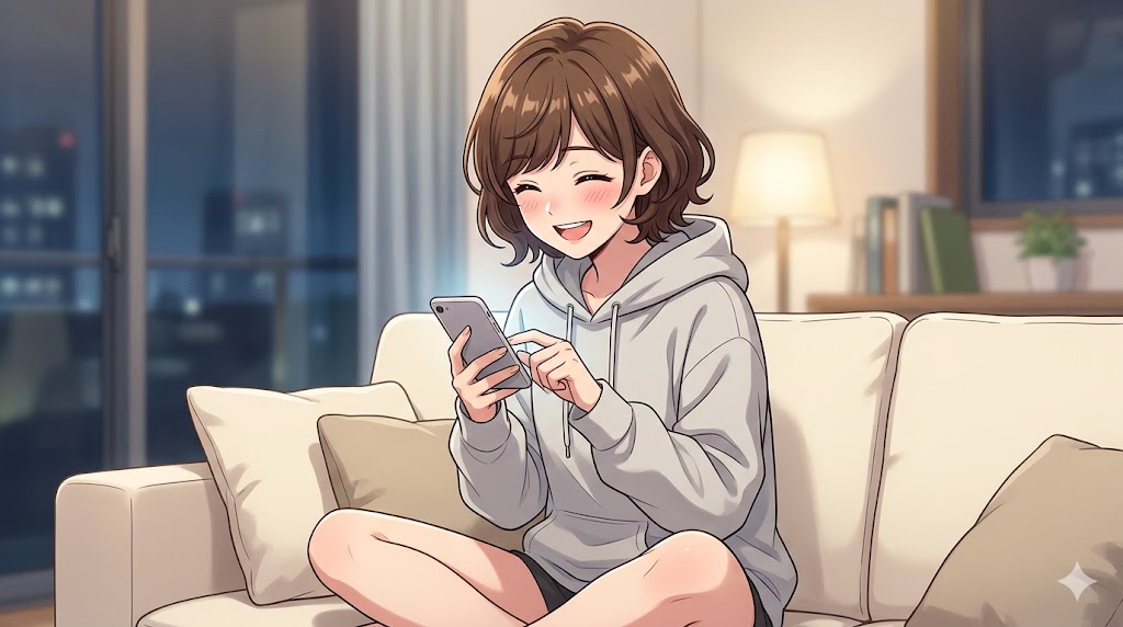 夜のリビングでソファに座り、スマートフォンを両手で持ちながら嬉しそうにメッセージを入力する、好きな人をドキッとさせるLINEテクニック